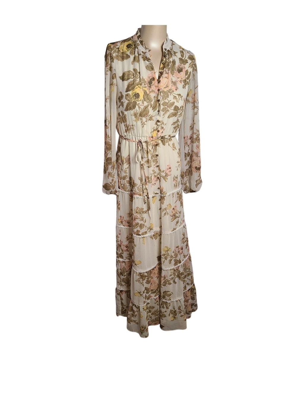 1.STATE Floral Long Sleeve Tiered Maxi Dress Button Front Cream Pink XS